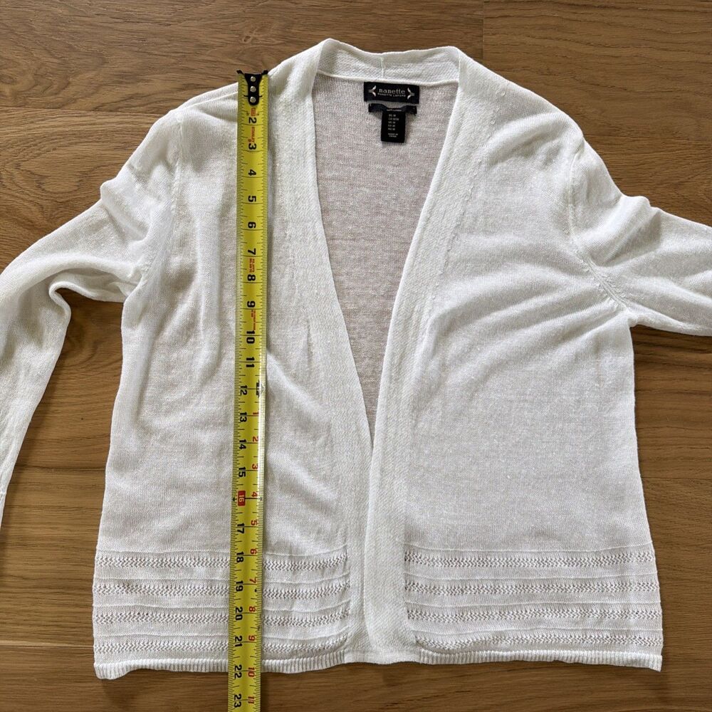 NANETTE LEPORE 100% Linen White Cardigan Open Front M Pointelle Dainty Coquette - Picture 12 of 13